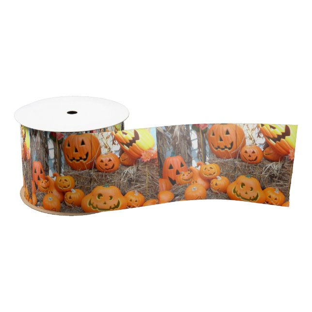 Ruban En Satin Citrouille halloween Jack-o'-lantern orange citrou (Bobine)