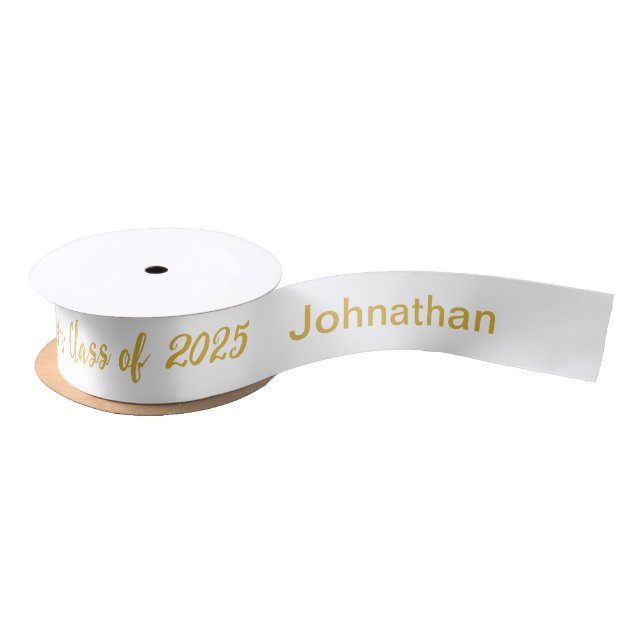 Ruban En Satin Classe de 2025 Graduate Name White and Gold Script (Bobine)