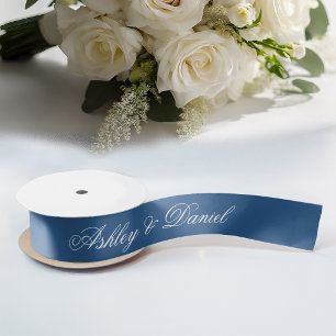 Ruban En Satin Classic Mariage Bleu Élégant Script Calligraphie