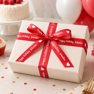Ruban En Satin Cœur blanc rouge Joyeux anniversaire Nom personnal
