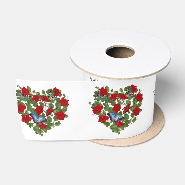Ruban En Satin Coeur Petunia Rouge Avec Papillon Bleu (Bobine)