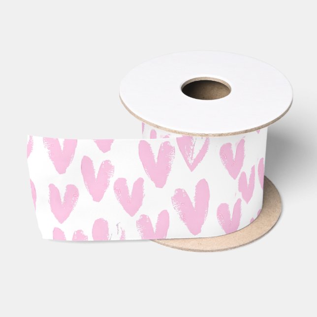 Ruban En Satin Coeurs Abstraits roses sur blanc (Bobine)