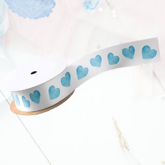 Ruban En Satin Coeurs d'aquarelle bleu doux Ruban blanc