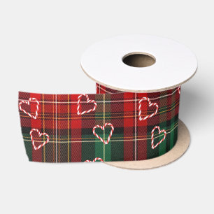 Ruban En Satin Cœurs de canne à bonbon de Noël sur plaid tartan