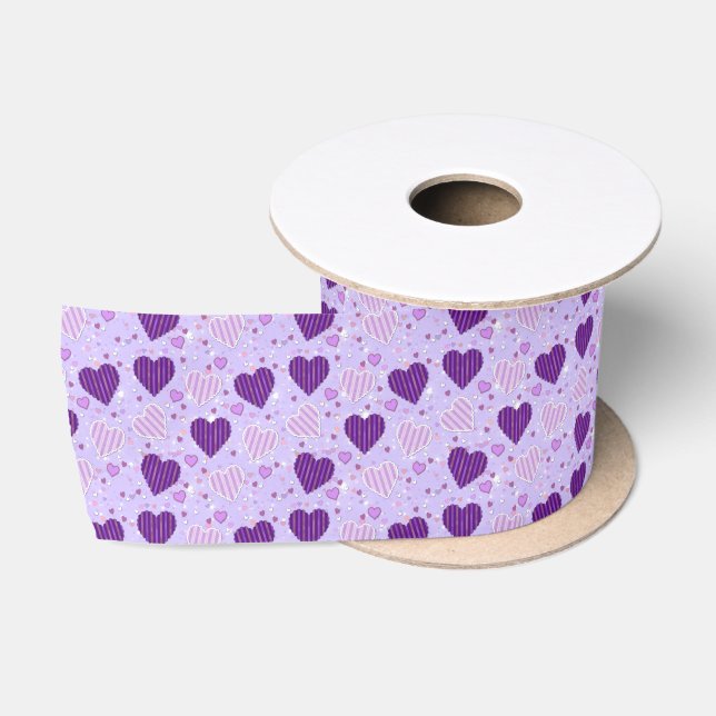 Ruban En Satin Coeurs en patchwork violet (Bobine)