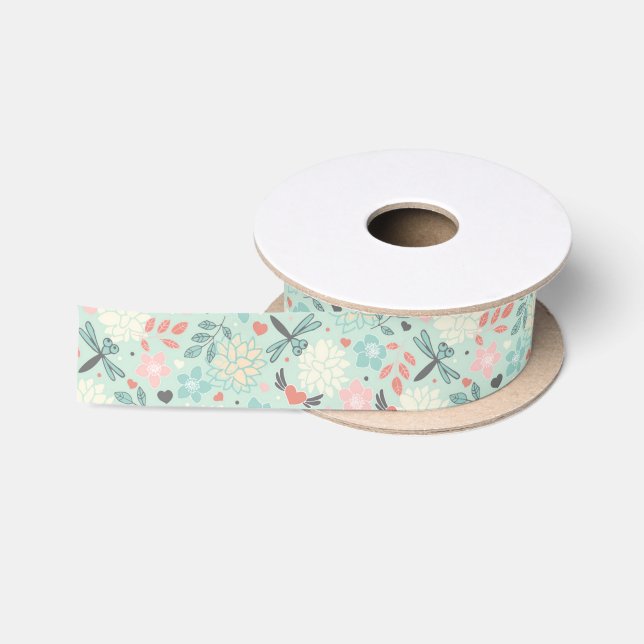 Ruban En Satin Coeurs et libellules assez floraux (Bobine)
