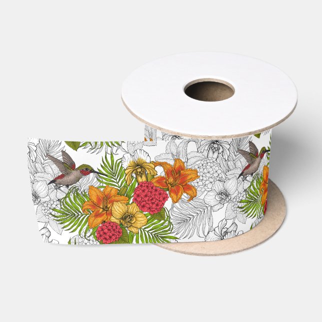 Ruban En Satin Colibris et bouquet tropical (Bobine)