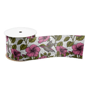Ruban En Satin Colibris et fleurs d'hibiscus roses