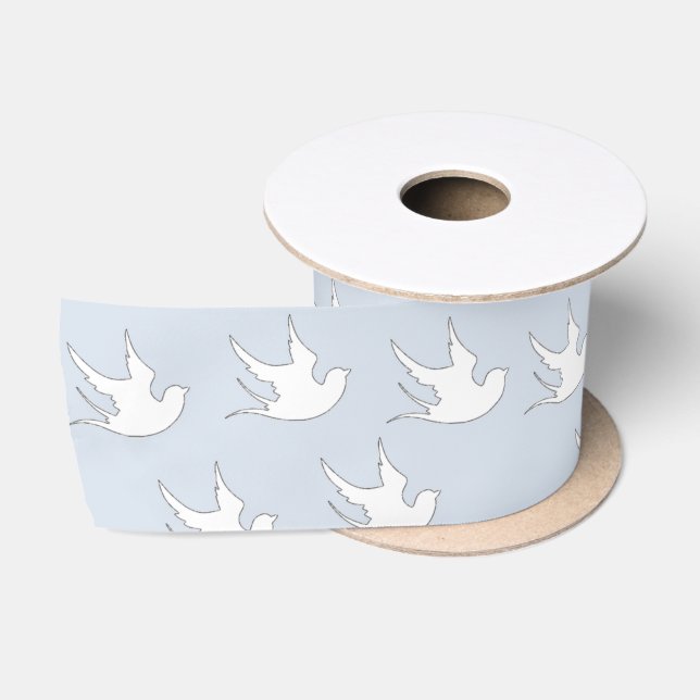 Ruban En Satin colombe blanche sur bleu (Bobine)