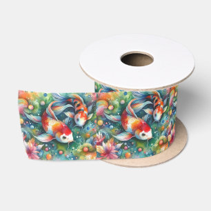 Ruban En Satin Coloré Koi Poisson Whimsical Aquarelle Orange Turq