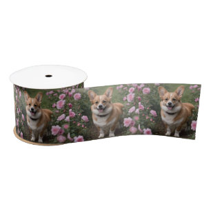 Ruban En Satin "Compagnie de charme : Un Corgi dans un jardin ros