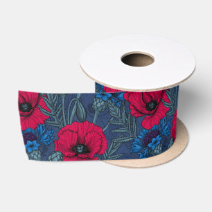 Ruban En Satin Coquelicots rouges et fleurs bleues sur bleu