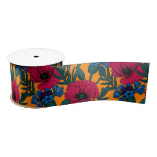 Ruban En Satin Coquelicots rouges et fleurs bleues sur orange