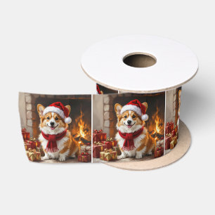 Ruban En Satin Corgi de Noël au coin du feu