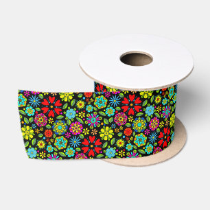 Ruban En Satin Couleurs Néon Sur Motif Floral Rétro Sans Couture