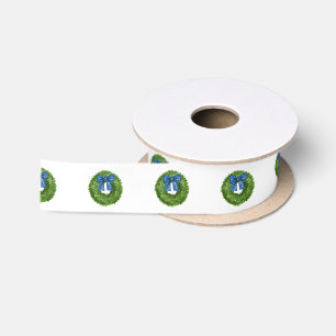 Ruban En Satin Couronne de buis verte avec nœud bleu 