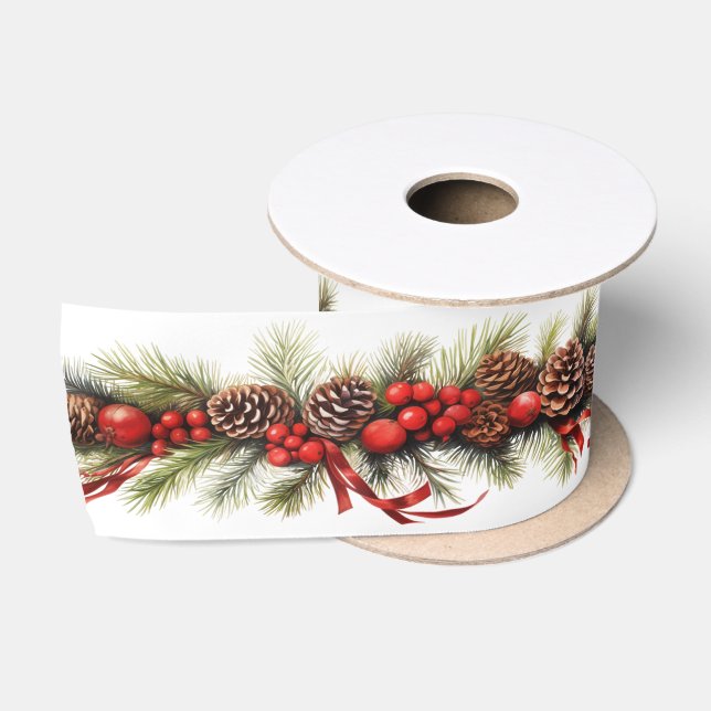 Ruban En Satin Couronne de Noël  Cônes de pin Ruban de satin roug (Bobine)