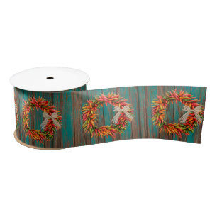 Ruban En Satin Couronnes de Ristra de Piment sur un Motif de Bois