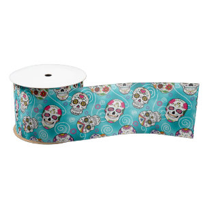 Ruban En Satin Crânes à sucre et torons Turquoise ID725