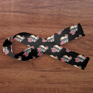 Ruban En Satin Crânes et Motif Rose Mariage noir