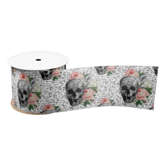 Ruban En Satin Crânes et roses roses (Bobine)