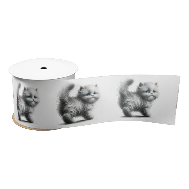 Ruban En Satin Croquis de chaton en blanc (Bobine)