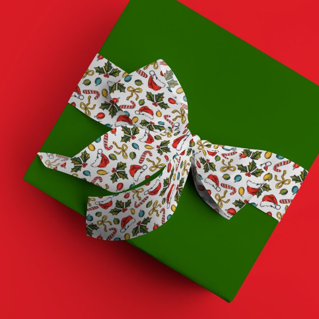 Ruban En Satin Croquis de Noël Santa Hat Holly Sucre de canne Bow (Festive Christmas sketches ribbon)