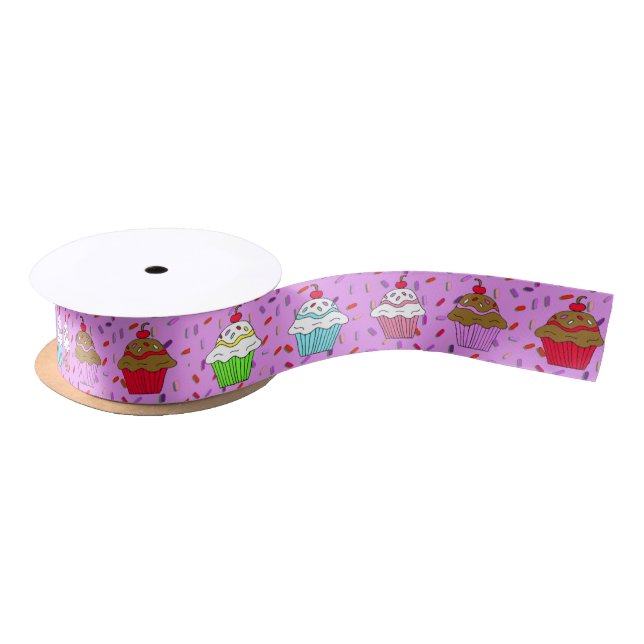 Ruban En Satin Cupcakes et arroseurs rouges et violets (Bobine)