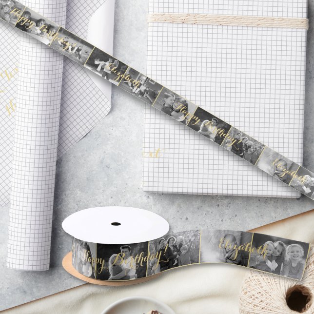 Ruban En Satin Custom Retro Cool Trendy Birthday Photo Gift Wrap (Custom Retro Cool Trendy Birthday Photo Gift Wrap Satin Ribbon)