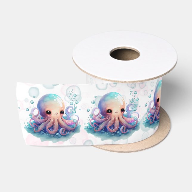 Ruban En Satin Cute Baby shower octopus aquarelle (Bobine)