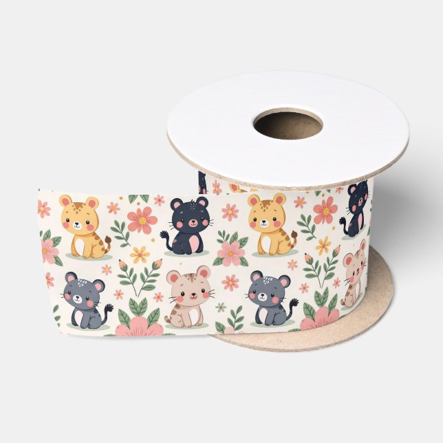 Ruban En Satin Cute Cartoon Jungle Cats and Flowers (Bobine)
