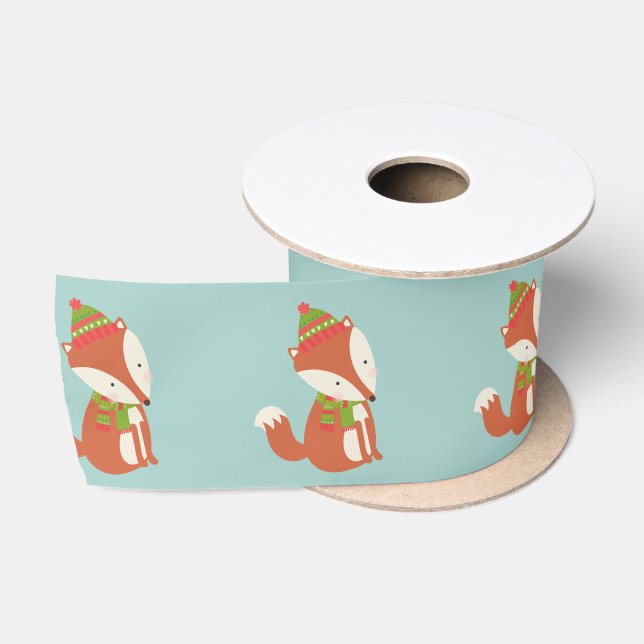 Ruban En Satin Cute Fox Motif - Aqua Green Christmas (Bobine)