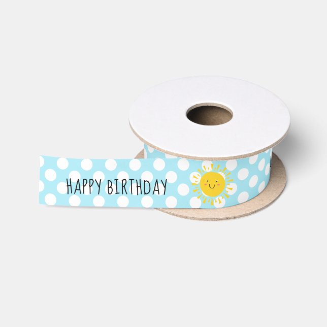 Ruban En Satin Cute Sunshine Joyeux Anniversaire Polka Dot Blue (Bobine)