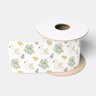 Ruban En Satin Cygne Vert Sauge et Roses Florales Dorées