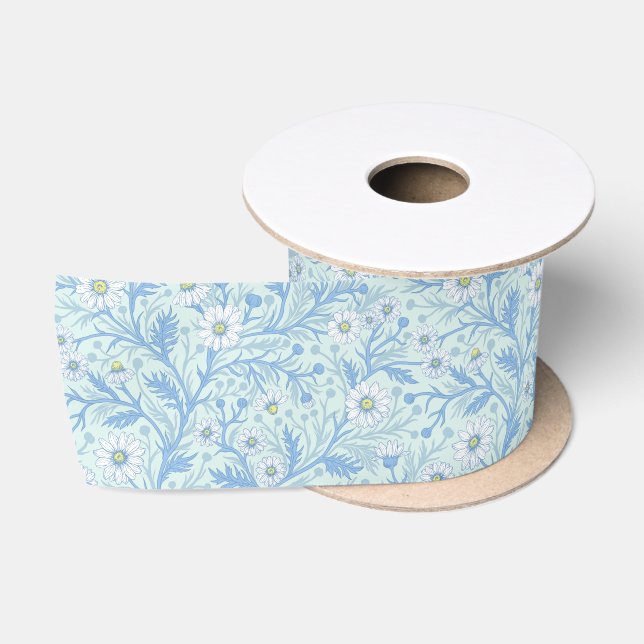 Ruban En Satin Daisies in white and blue on sea glass (Bobine)