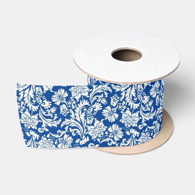 Ruban En Satin Damas Florales Bleues Et Blances (Bobine)