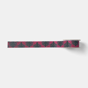 Ruban En Satin Damassé sarcelle et crânes sur fond rose chaud tex