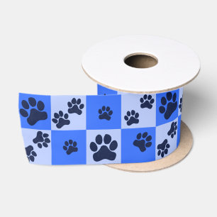 Ruban En Satin Damier Empreinte de Patte de Chien Bleu