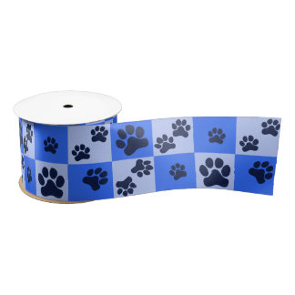 Ruban En Satin Damier Empreinte de Patte de Chien Bleu