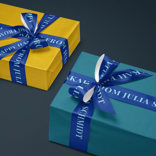 Ruban En Satin Dark and Ice Blue Simple Text Happy Hanukkah Gift (personalized bright and aqua blue Happy Hanukkah gift ribbon with custom name text)