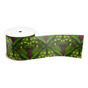 Ruban En Satin Dendroctones et fougères, feuilles verts