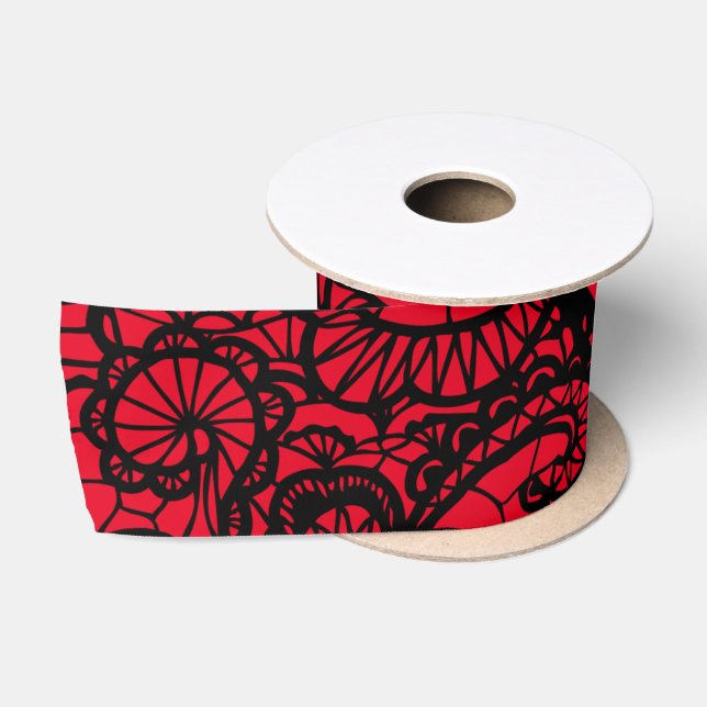 Ruban En Satin Dentelle noire sur rouge (Bobine)