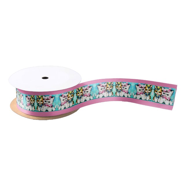 Ruban En Satin deux chatons et beaucoup de fleurs (Bobine)