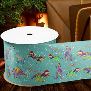 Ruban En Satin Dinosaures de Noël avec chapeaux de Père Noël