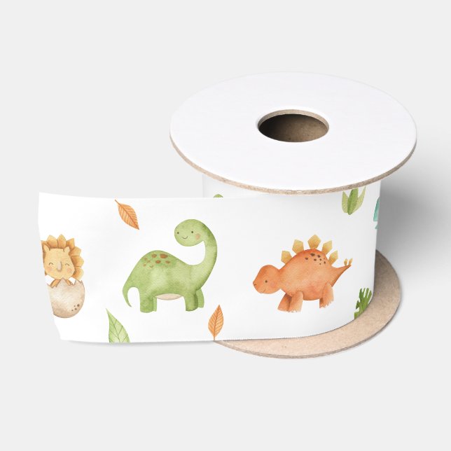 Ruban En Satin Dinosaures doux Feuilleté bleu vert orange (Bobine)