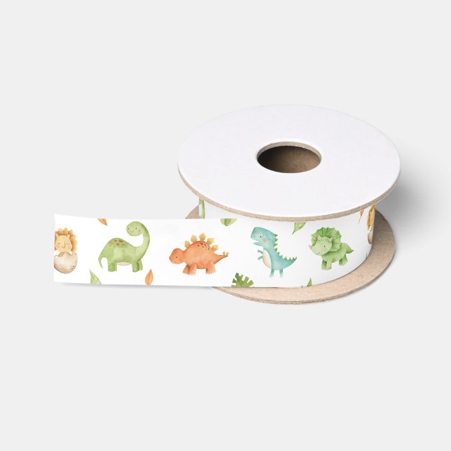 Ruban En Satin Dinosaures doux Feuilleté bleu vert orange (Bobine)