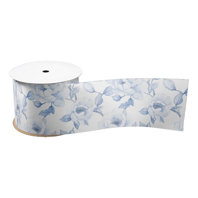 Ruban En Satin Douche Mariée Florale Bleue Élégante (Bobine)