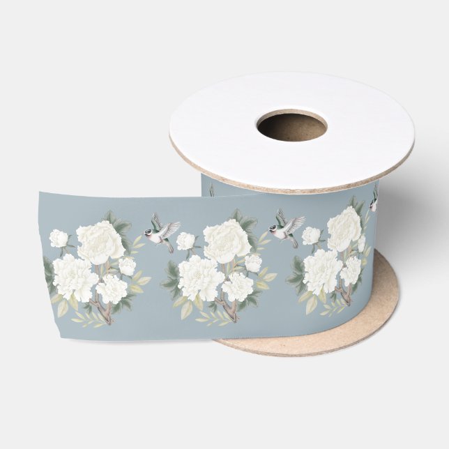 Ruban En Satin Dusty Blue White Chinoiserie Porcelain Floral Bird (Bobine)