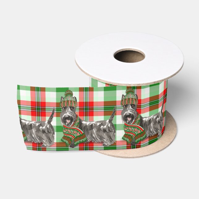 Ruban En Satin Ecosse Terrier Chien et Red Plaid Noël (Bobine)