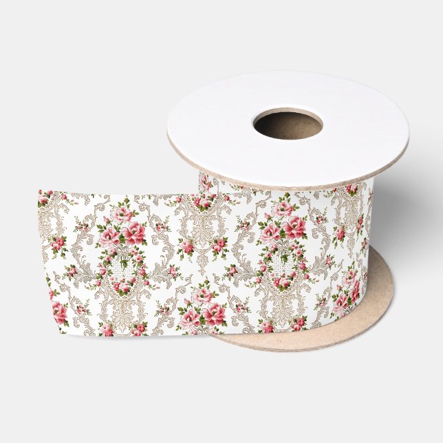 Ruban En Satin Élégant Arrière - plan Floral-Blanc Rococo (Bobine)